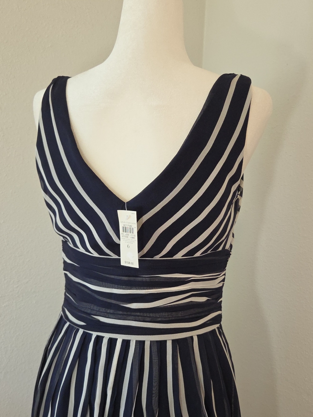 Ann Taylor 100% Silk Navy and White Striped V-Neck Dress Women's 6 NWT - Picture 11 of 16